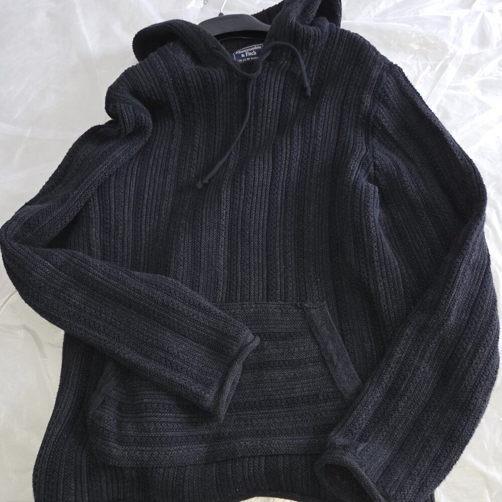 Abercrombie & Fitch Men's Black Heavy Knit Hoodie W/ Pocket, Tall Sweater Medium